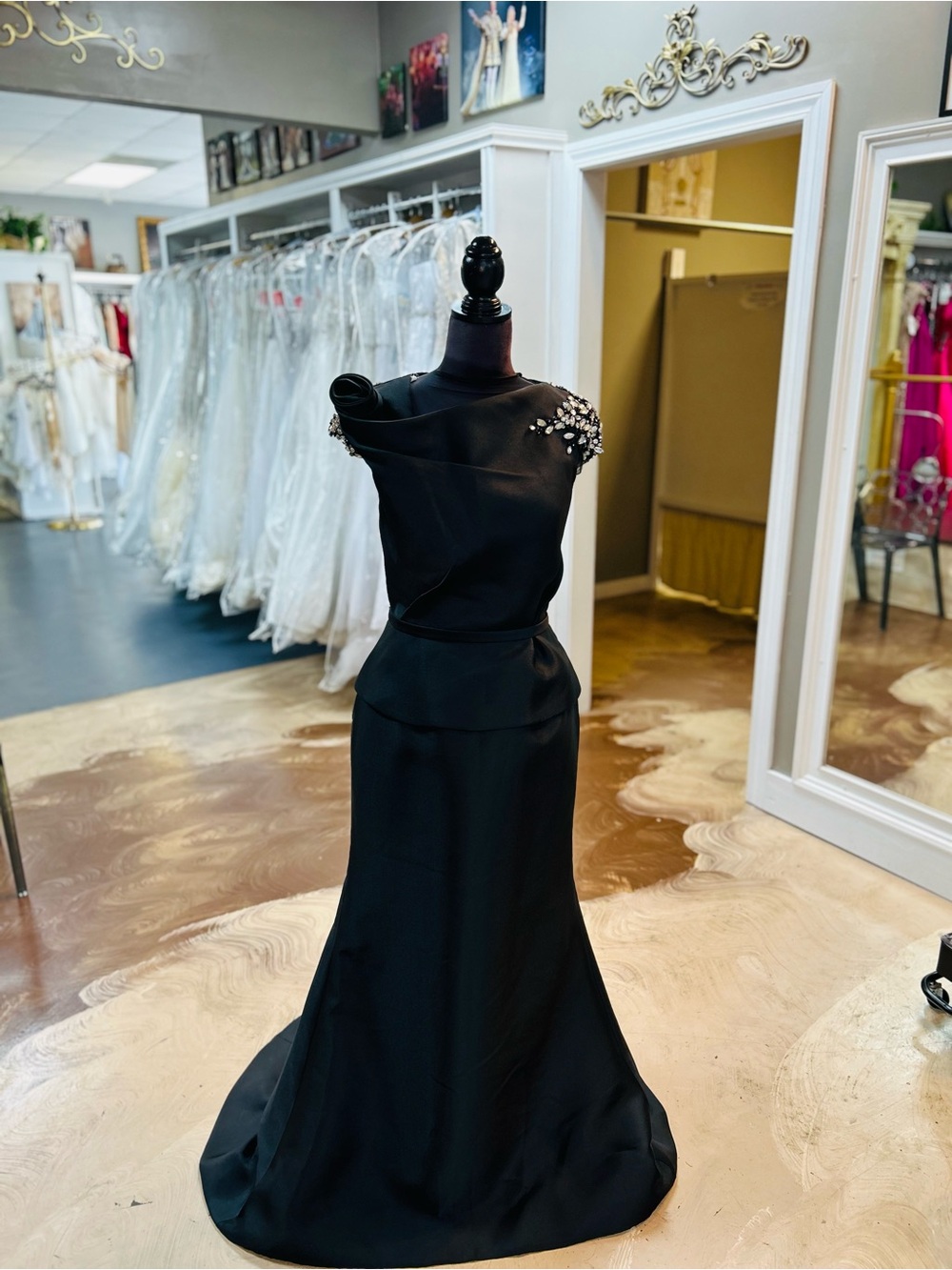 Eleni Elias Black One-Shoulder Evening Gown with Jewel-Embellished Shoulder